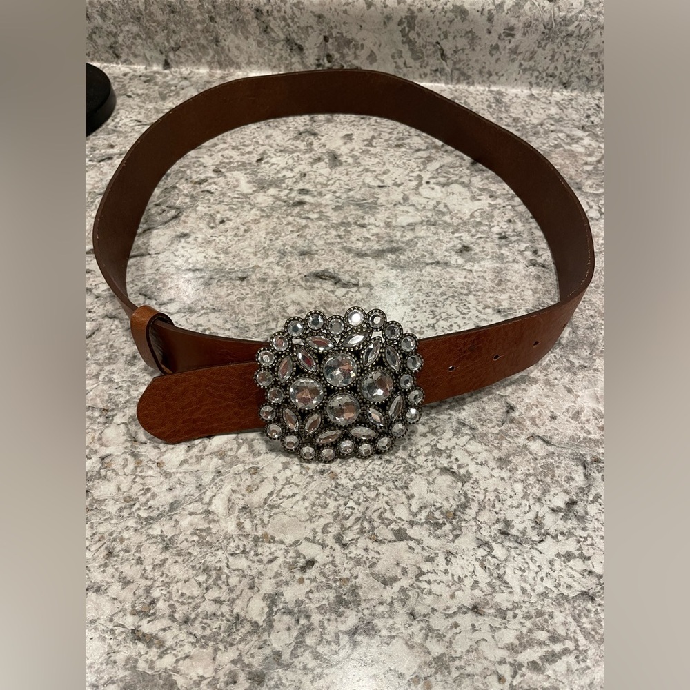 Chinese Laundry Boho Brown Leather Belt oval Rhinestone Buckle Sz Large